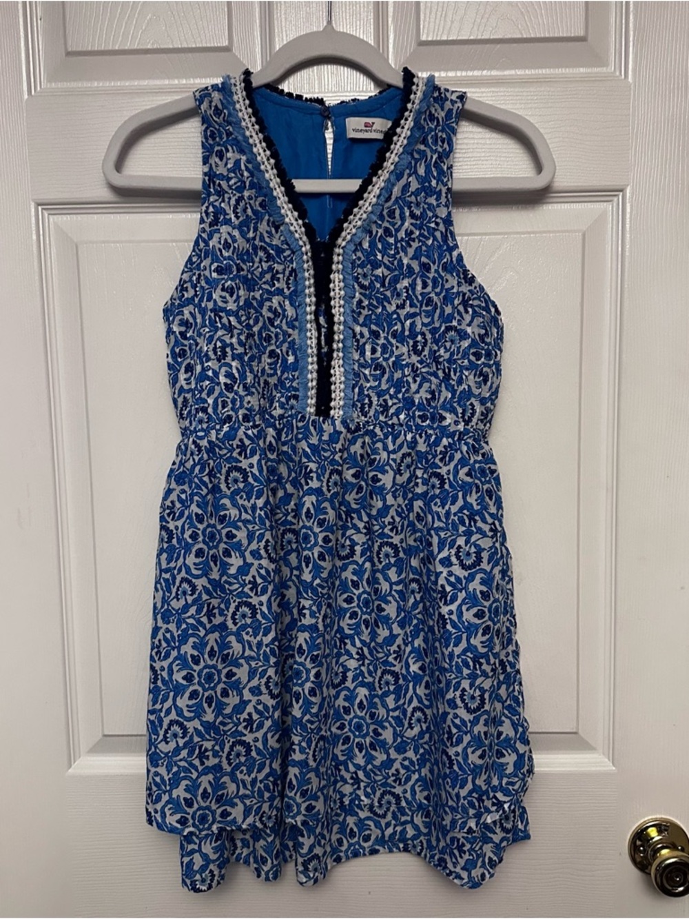 Vineyard Vines Girls Blue Pintuck Layered Dress Katama Tile Fringe Blue/White L